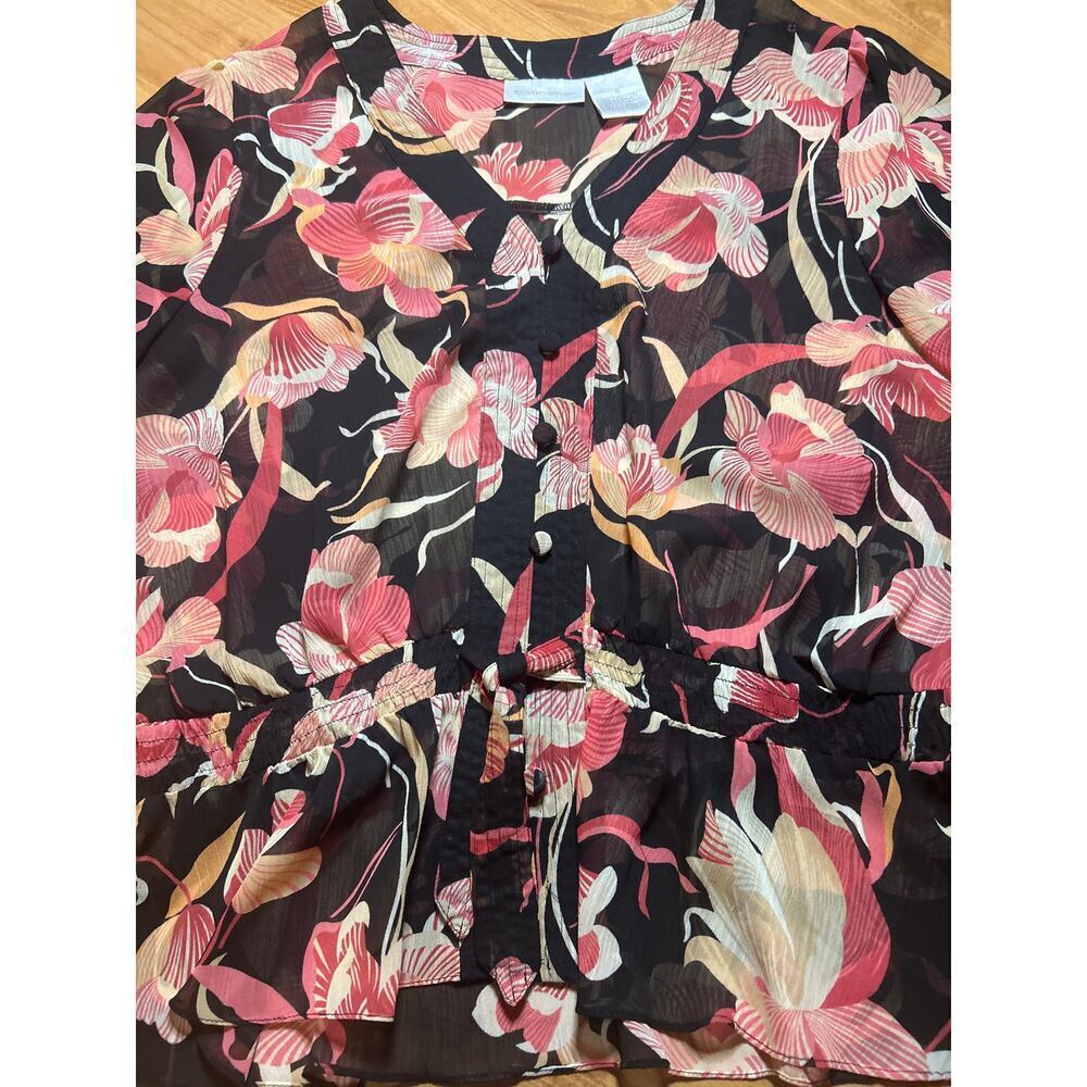 Worthington sz12 women’s sheer floral blouse ruffle sleeves fit flare waistline - Picture 7 of 9